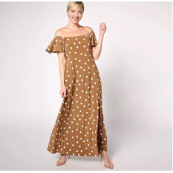 Attitudes by Renee Tall Flutter Maxi Dress Brown Polka Dot Size Medium Tall NWT - Picture 1 of 7